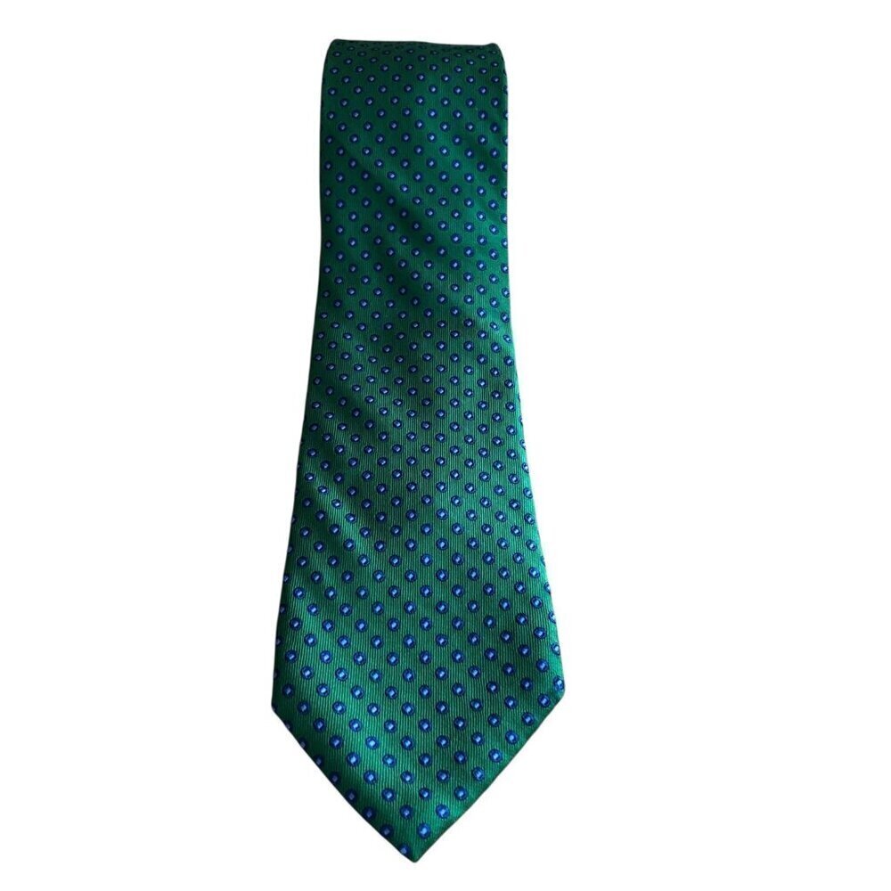 Chaps Men's Silk Handmade Necktie Green Blue & White Geometric Circles Tie - NEW